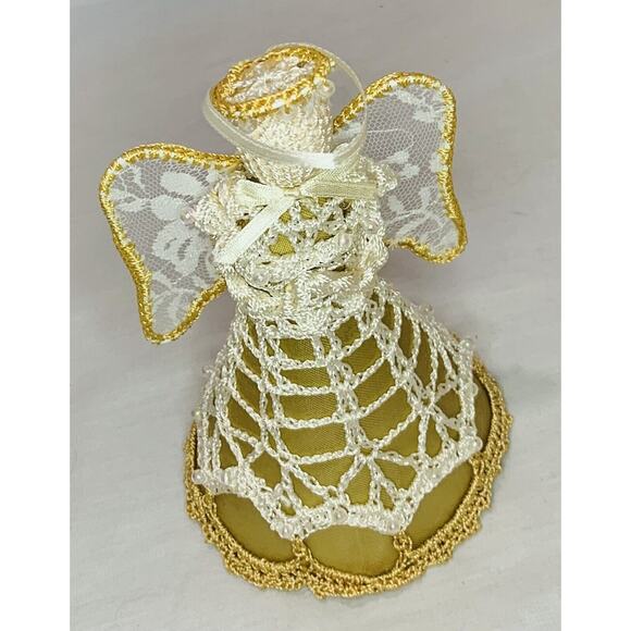 Vintage Crochet Angel Ornament Tree Topper Christmas Gold Handmade Lace 6" Decor - Picture 4 of 10
